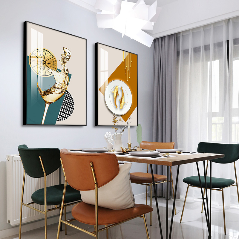 轻奢风格两联餐厅装饰画饭厅现代简约餐桌墙挂画橙色现代装饰画