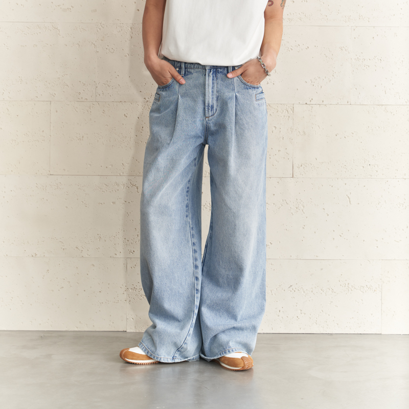 PRE PREWORKS蓝色阔腿牛仔裤男直筒宽松春秋款长裤子潮流百搭帅气