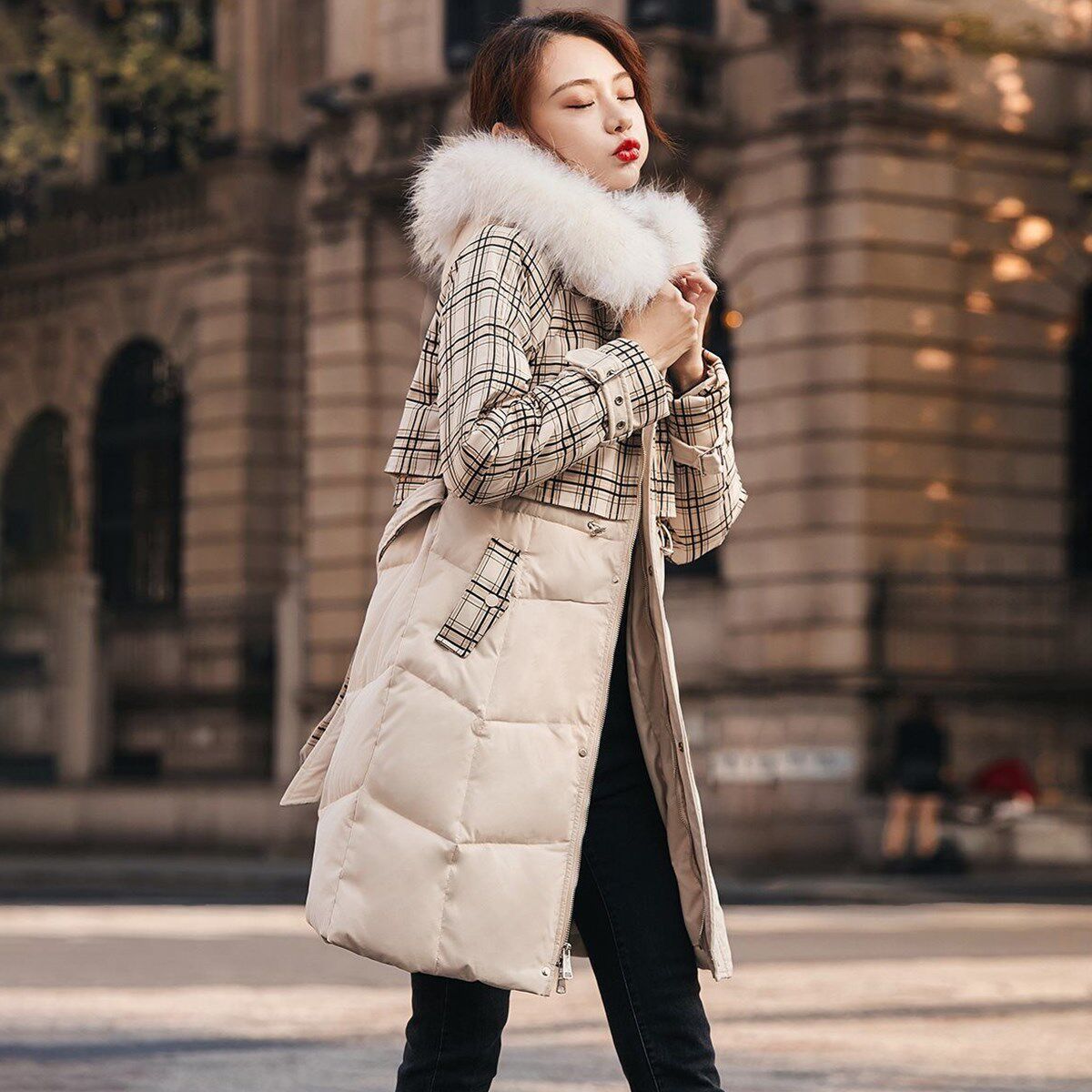 xwi2020年冬装新款女装时尚优雅拼接格子棉服棉衣