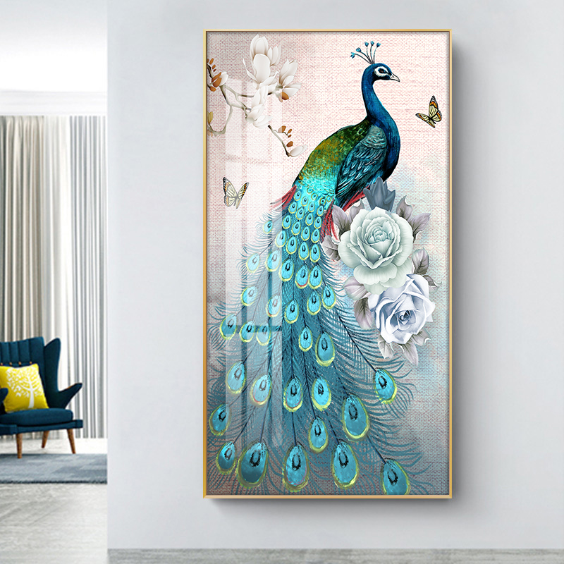 镶砖石孔雀玄关装饰画轻奢入户过道竖版新中式招财走廊挂画晶瓷画