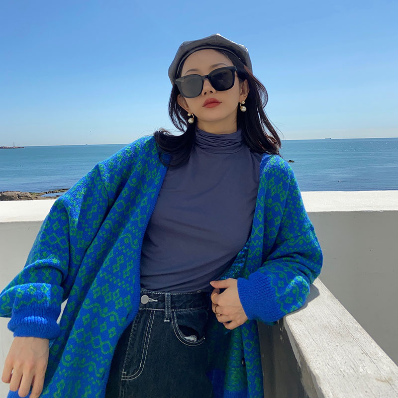 jj啾啾巴黎青草花园蓝色开衫羊毛针织外套毛针织衫