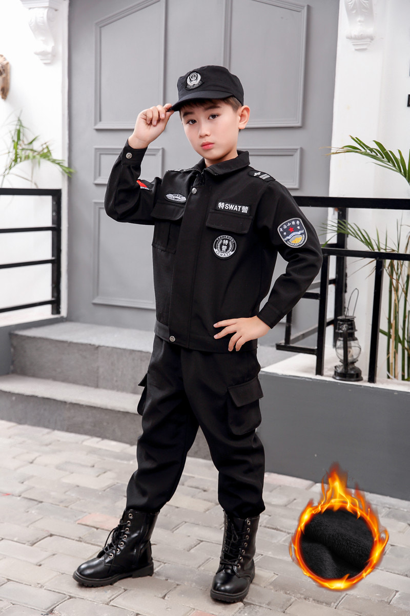 警察儿童演出服加厚加绒特警警服装小套装万圣节民族服装