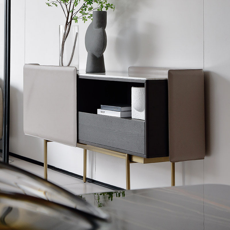 方通意式极简餐边柜驼色马鞍玄关柜中花白大理石餐边柜