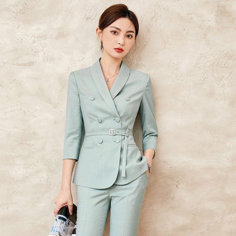 高端西装套装女春秋职业高级感绿色西服外套薄款洋气小香风jh0707
