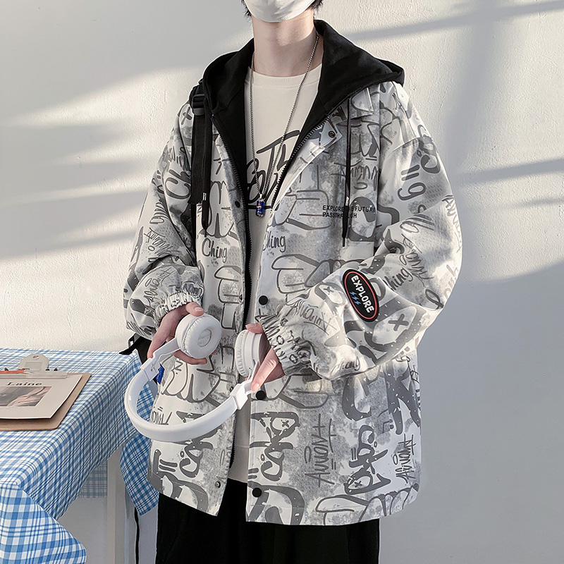 设计感假两件外套男春秋学生痞帅港风高级范上衣嘻哈炸街工装夹克