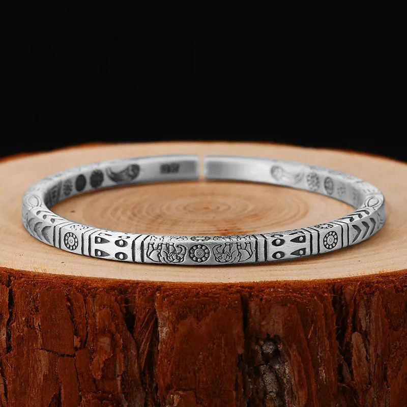 玛雅开口实心手工银饰银银复古图腾森系手镯手镯