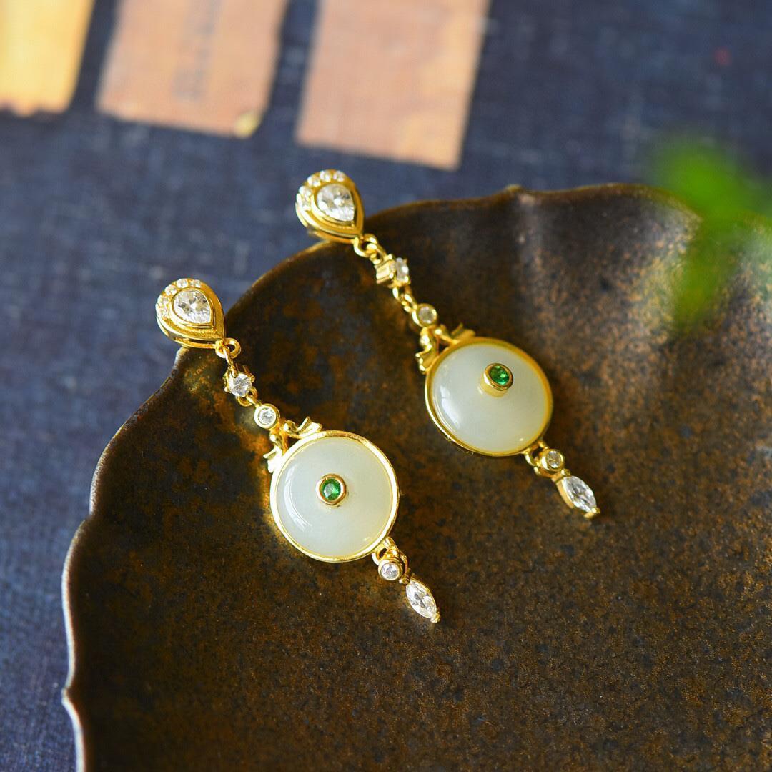 白玉镶嵌镀金平安扣耳环显瘦气质耳坠小巧精致耳夹