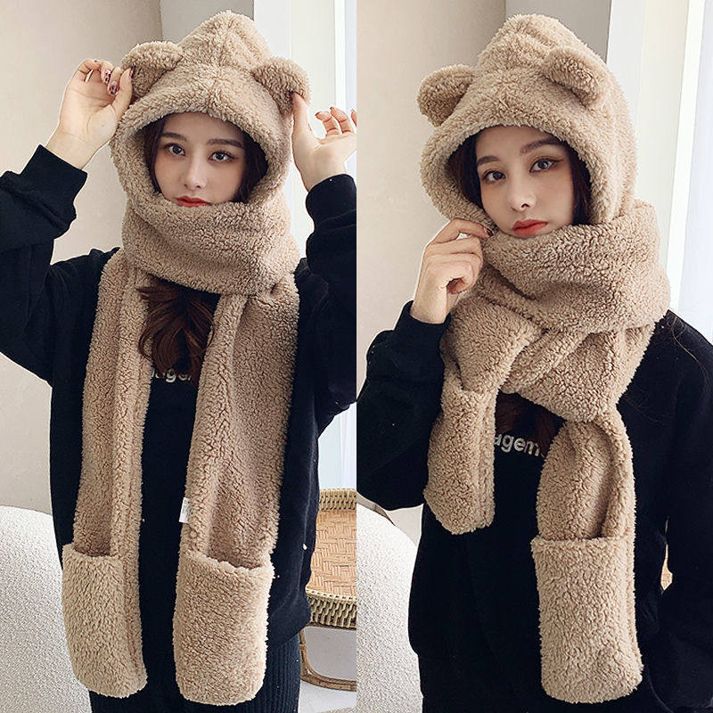 jennie同款小熊帽子女冬毛绒围巾连帽