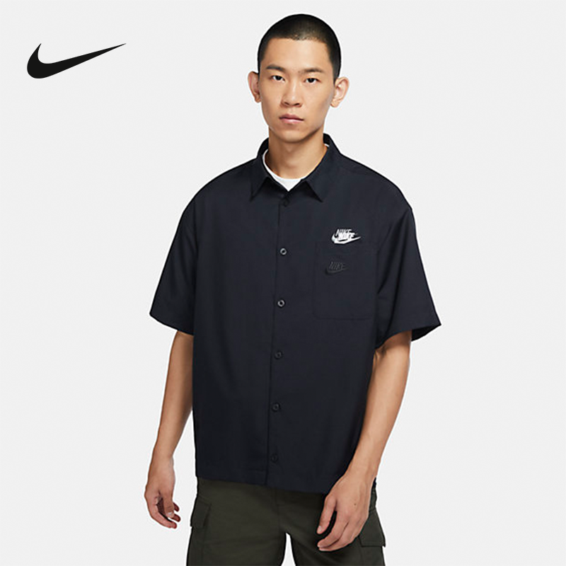 NIKE耐克衬衫男子SWOOSH印花休闲宽松运动翻领短袖T恤 DX6308-010