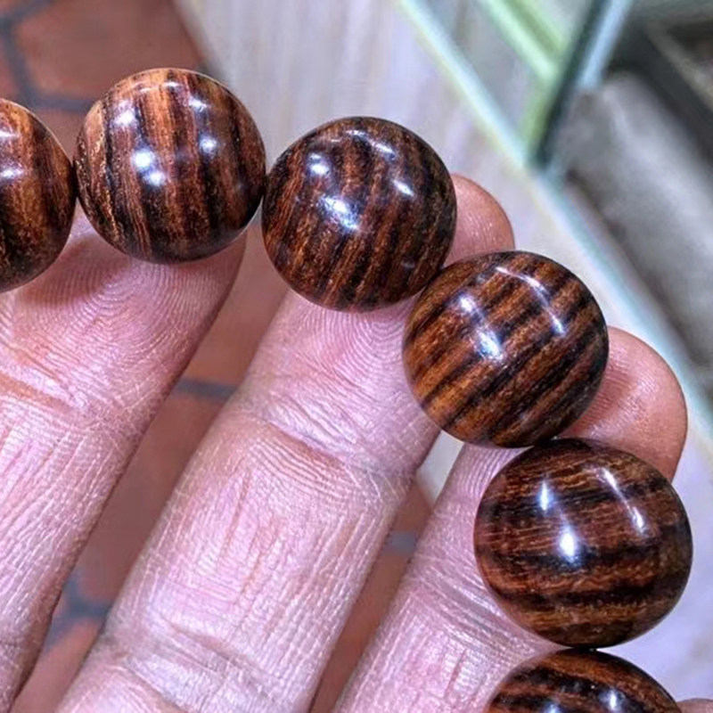 见沁海南黄花梨15颗虎皮实木佛珠手串盘玩木质手链