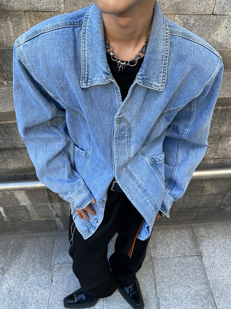 Culture21s小众复古垫肩牛仔外套口袋倒立设计感高级宽松夹克男女