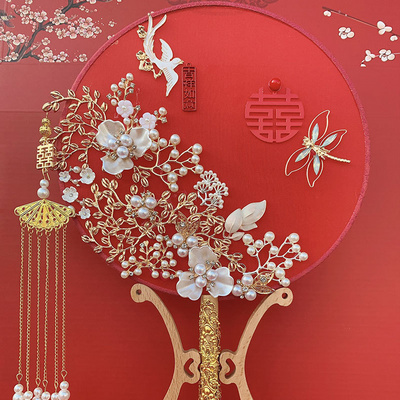 捧花古风喜庆庆红古典永生花手拎新婚秀禾团扇新娘手捧花