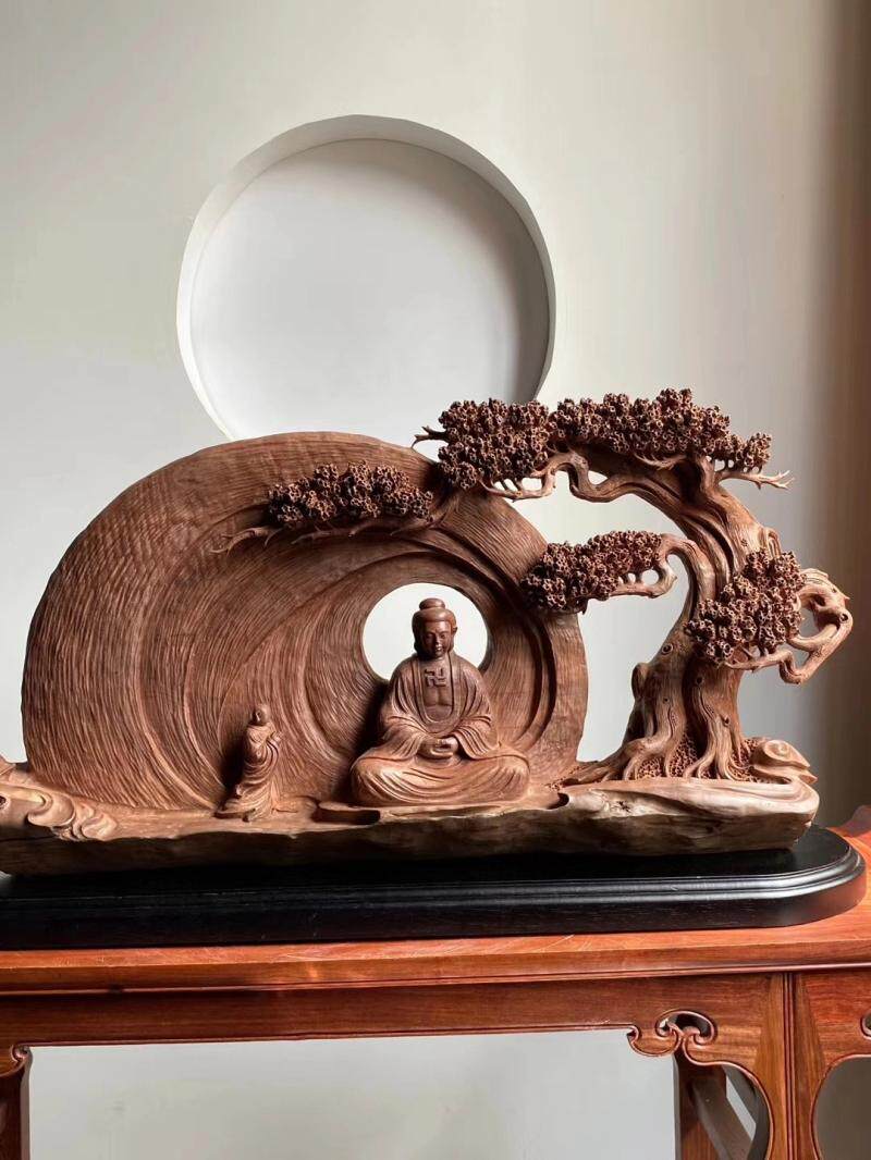 朝拜红椿乌木木木雕刻工艺品禅意中式客厅实木木雕