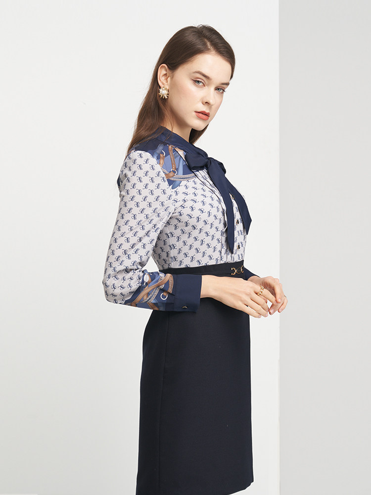 scofield女装优雅通勤锁链纹印花时尚设计感假两件连衣裙