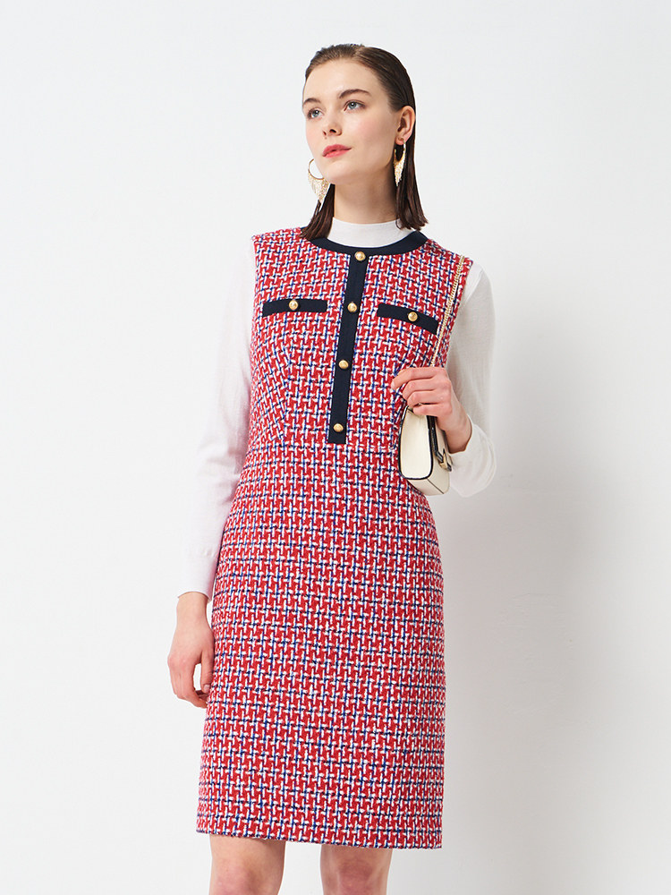 scofield女装秋款气质修身法式小香风圆领无袖通勤连衣裙