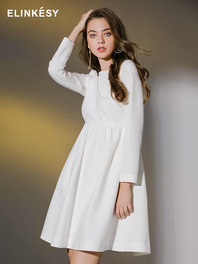 elinkesy白色连衣裙秋款2020新款收腰显瘦气质简约a型裙子女秋冬