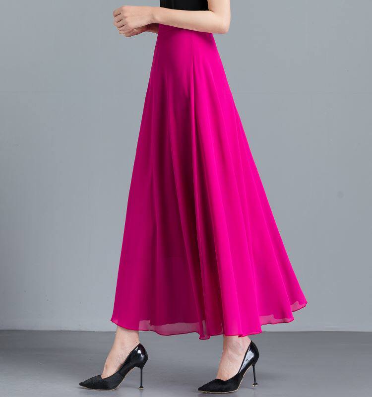 2020夏季新款纯色红色雪纺半身裙女高腰a字大摆跳舞裙大码长裙子