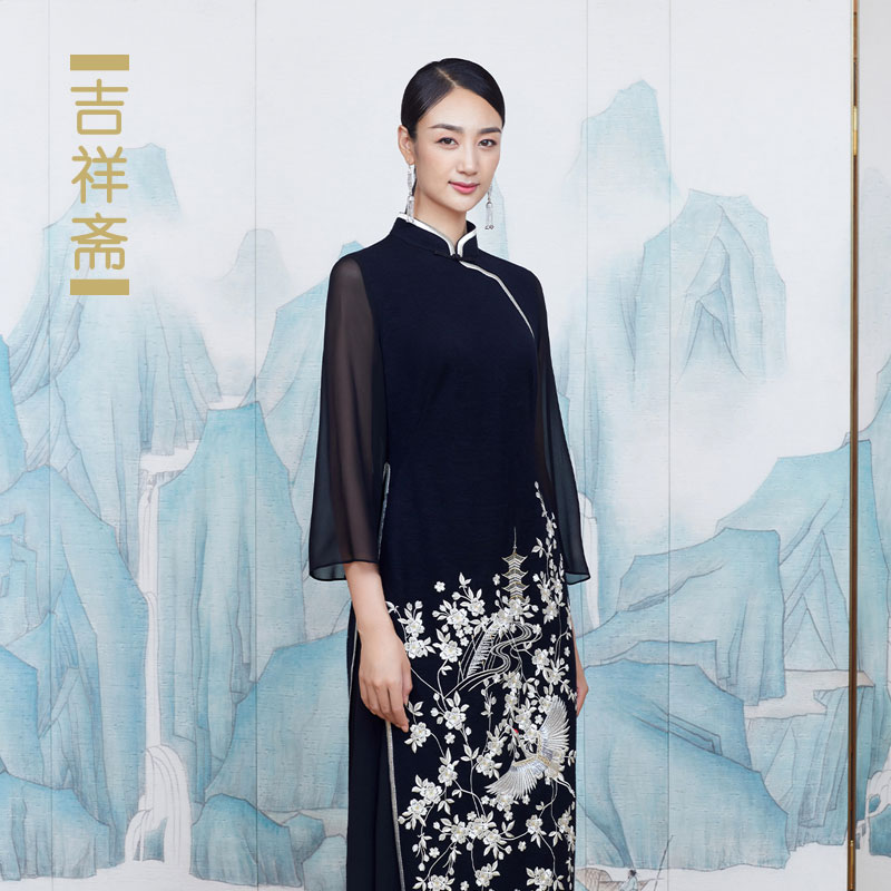 吉祥斋女装亭鹤长上衣一字扣领平绣盘银绣真丝国风礼服正品