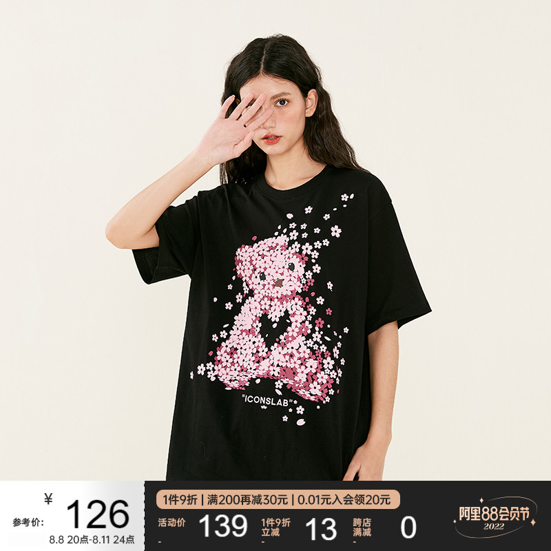 ICONSLAB联名SSUR PLUS樱花小熊短袖夏季新款T恤男女宽松半袖tee