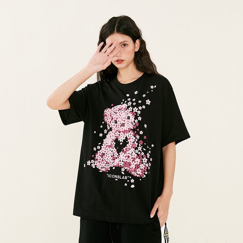ICONSLAB联名SSUR PLUS樱花小熊短袖夏季新款T恤男女宽松半袖tee
