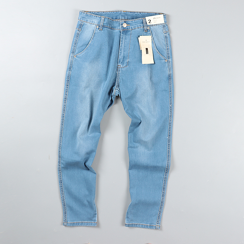 品牌撤柜 剪标牛仔裤男大牌尾货浅蓝色夏季清爽薄款微弹直筒九分