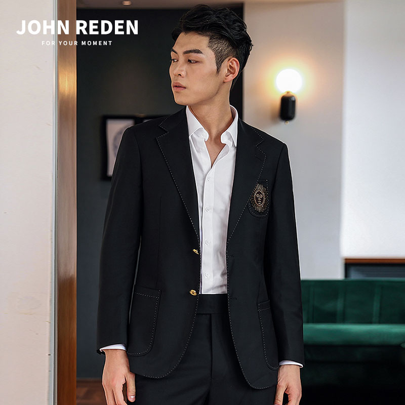 JOHN REDEN羊毛高级感休闲黑色西装夏季太阳神徽章西服定制男外套