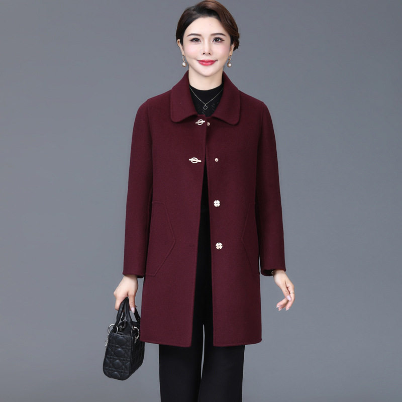 高品质高质量中老年人双面羊绒大衣女秋冬季妈妈装羊毛呢子外套厚