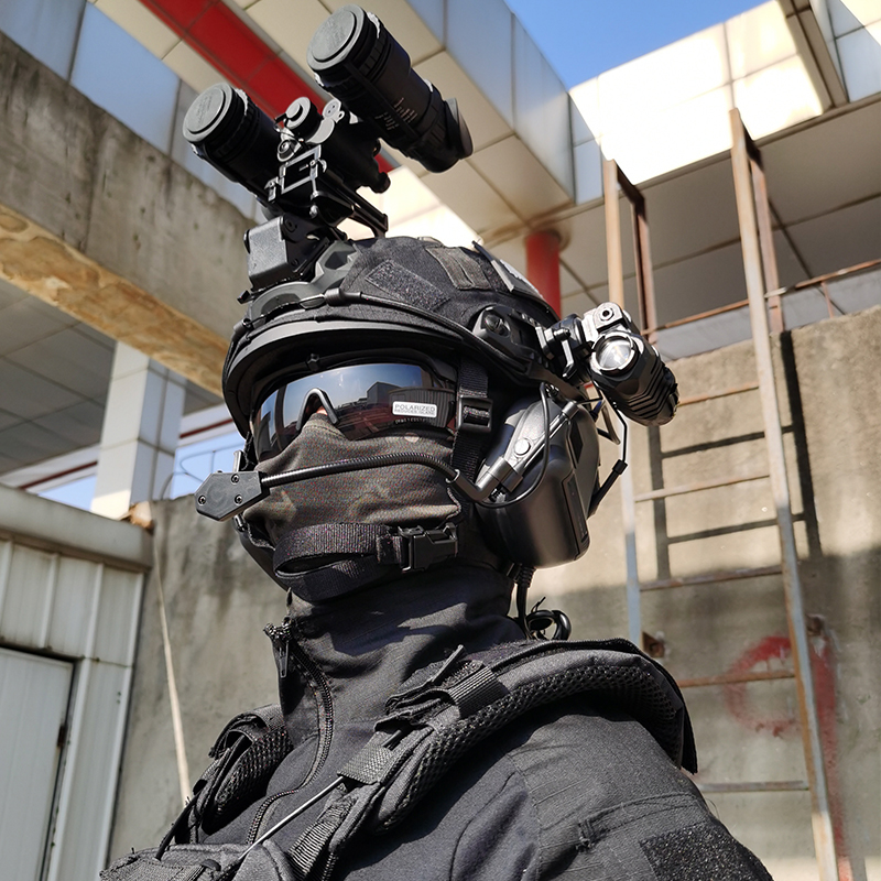 军迷户外FAST特战玻璃钢战术头盔黑色特勤特种训练夜视仪套装