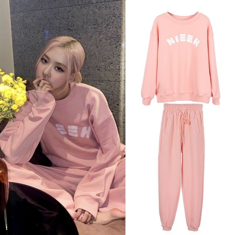 blackpink朴彩rose同款卫衣套装初春休闲百搭粉色休闲运动套装