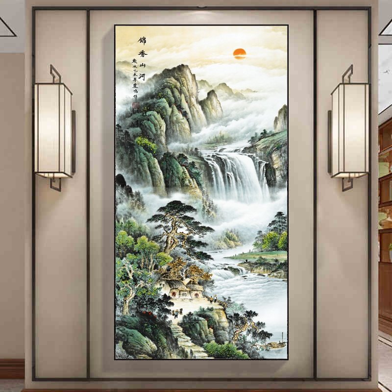 玄关装饰画中式竖版山水国画走廊过道挂画入户现代装饰画