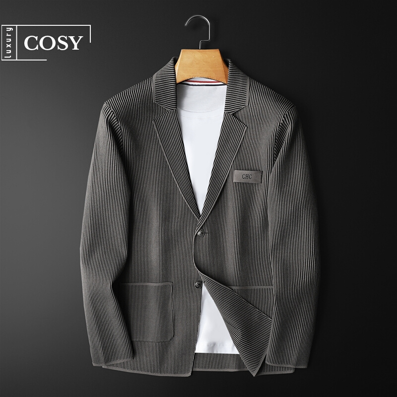 巴宝莉男装2022春季新款韩版潮流休闲条纹小西装外套薄款针织开衫