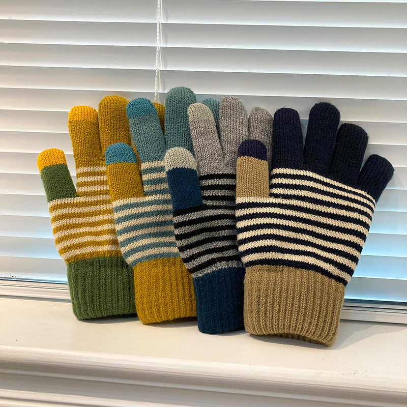 手套冬季毛线东北零下40度防寒韩版条纹骑车手套