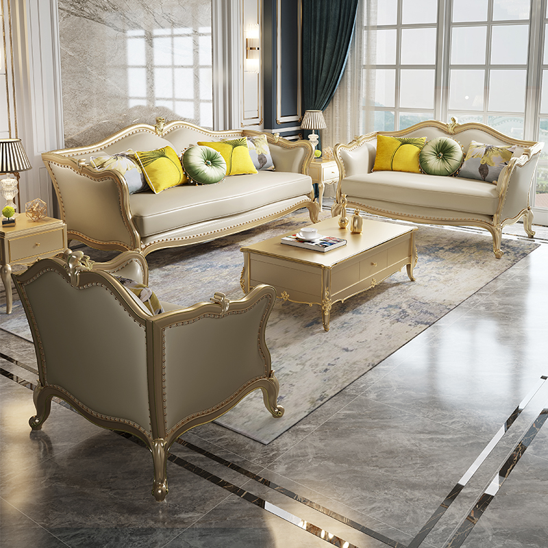 轻奢美式客厅真皮沙发家具实木弧形雕花别墅欧式皮艺沙发