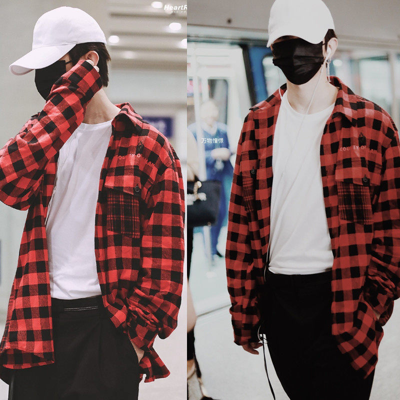 蔡徐坤同款机场红色格子衬衫ikun休闲衬衫