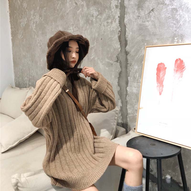 小个子网红法式高冷慵懒风半高领直筒毛衣裙女冬加厚短款宽松外穿