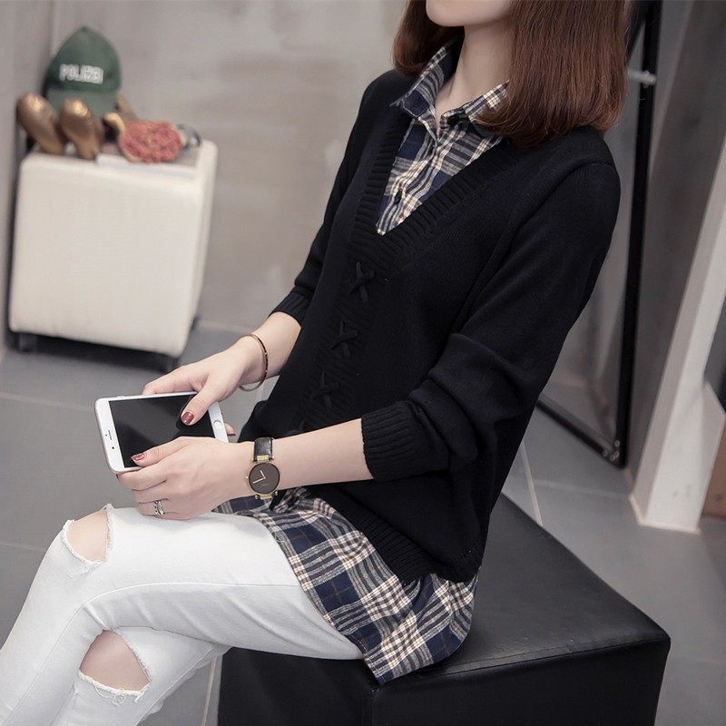 加肥加大码宽松针织打底衬衫假两件上衣秋冬胖妹妹显瘦套头毛衣女