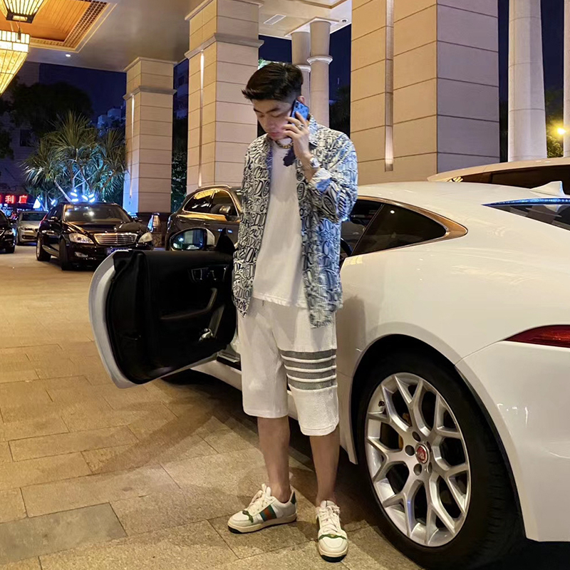 潮牌华夫格四道杠tb短裤男高端宽松大码休闲五分裤夏季运动中裤棉