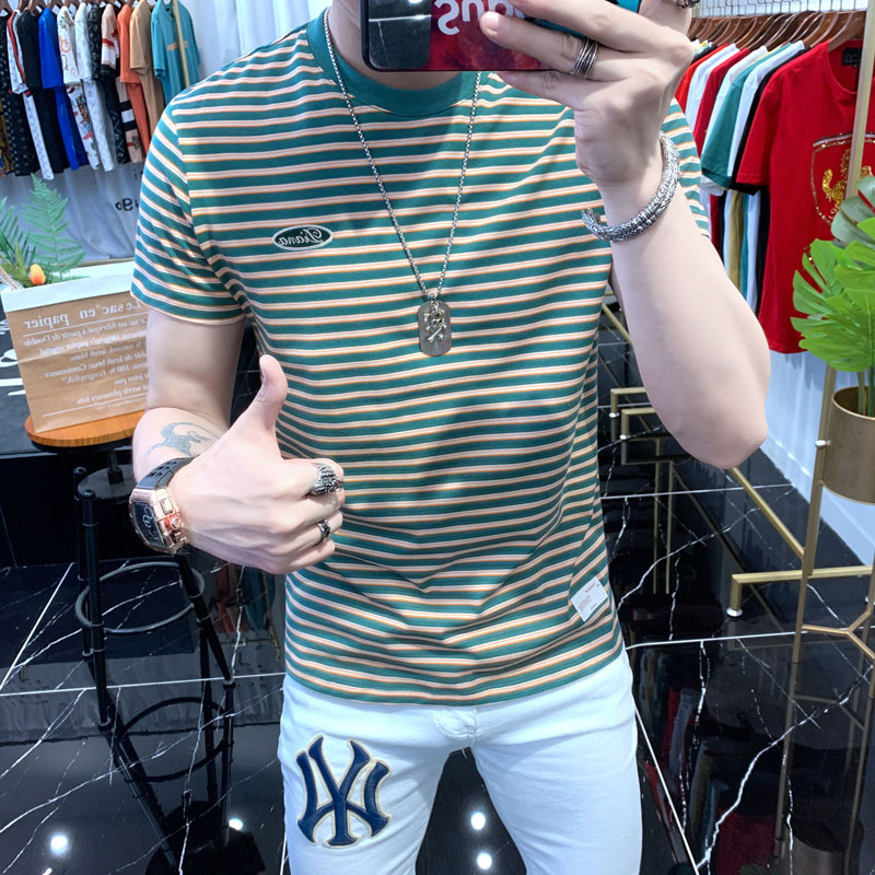 绿色横条纹短袖T恤男2022年新款纯棉刺绣体恤时尚潮牌ins潮流丅恤