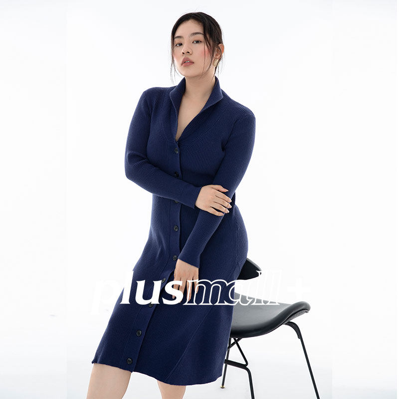 plusmall杨天真大码裙子女定制雪莱绒深海蓝翻领大码女装