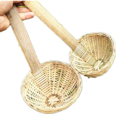 竹编冒竹笊篱面勺菜勺麻辣漏斗过滤面烫长柄竹编