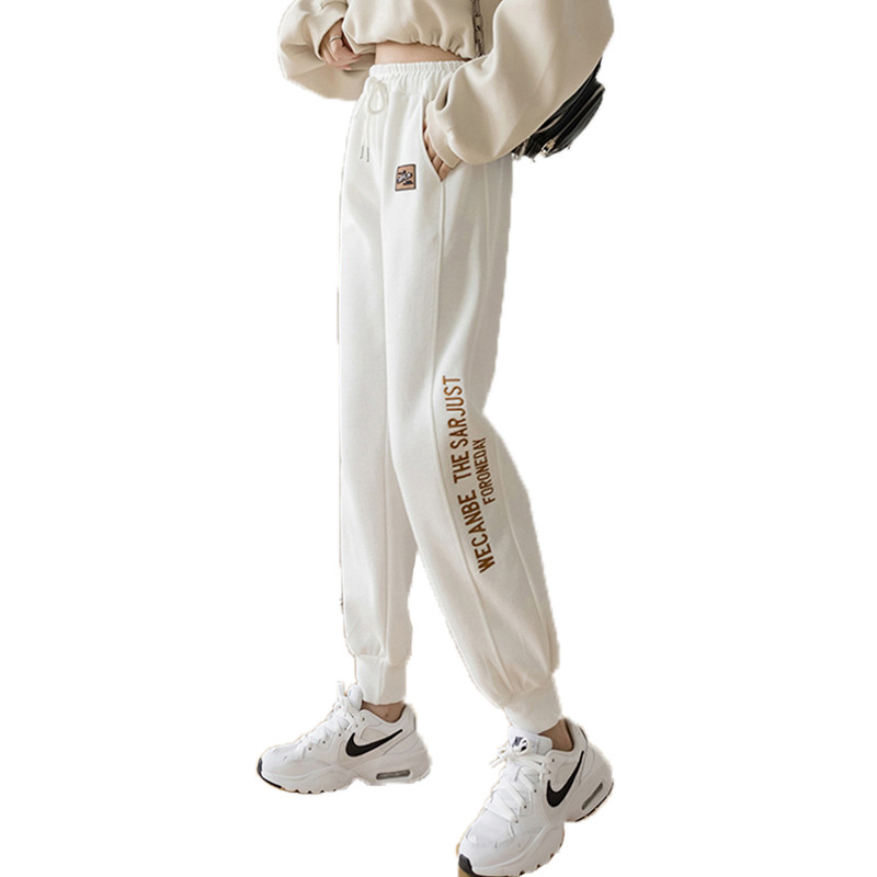 白色运动卫裤女2022春秋新款高腰宽松哈伦裤休闲加厚加绒束脚长裤