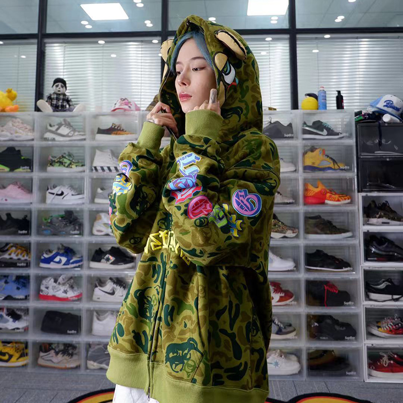 VEIGENG秋冬迷彩印花长袖开衫连帽卫衣潮牌宽松休闲大码拉链外套