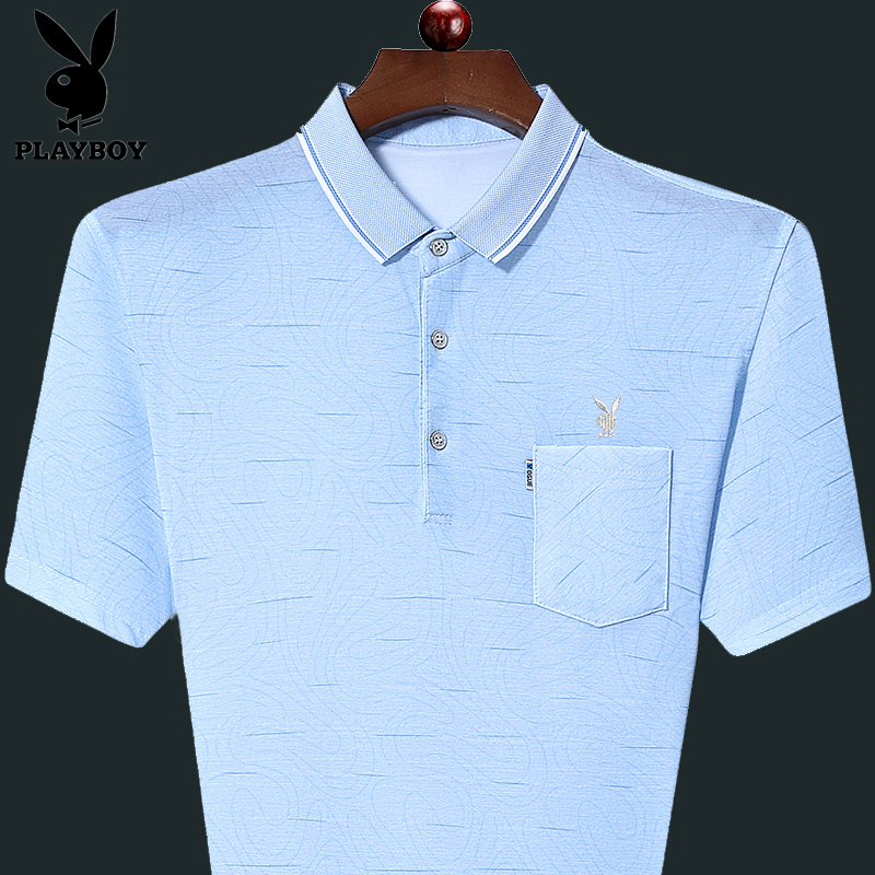 花花公子夏季中年男士短袖翻领宽松T恤冰丝口袋商务POLO衫爸爸装