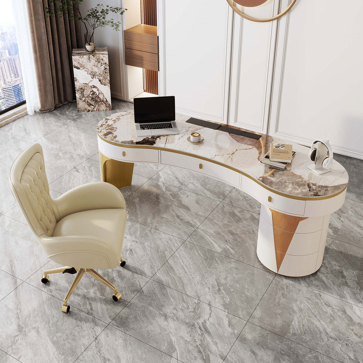 轻奢亮光岩板咨询桌现代简约网红洽谈桌办公书桌烤漆美容院接待台