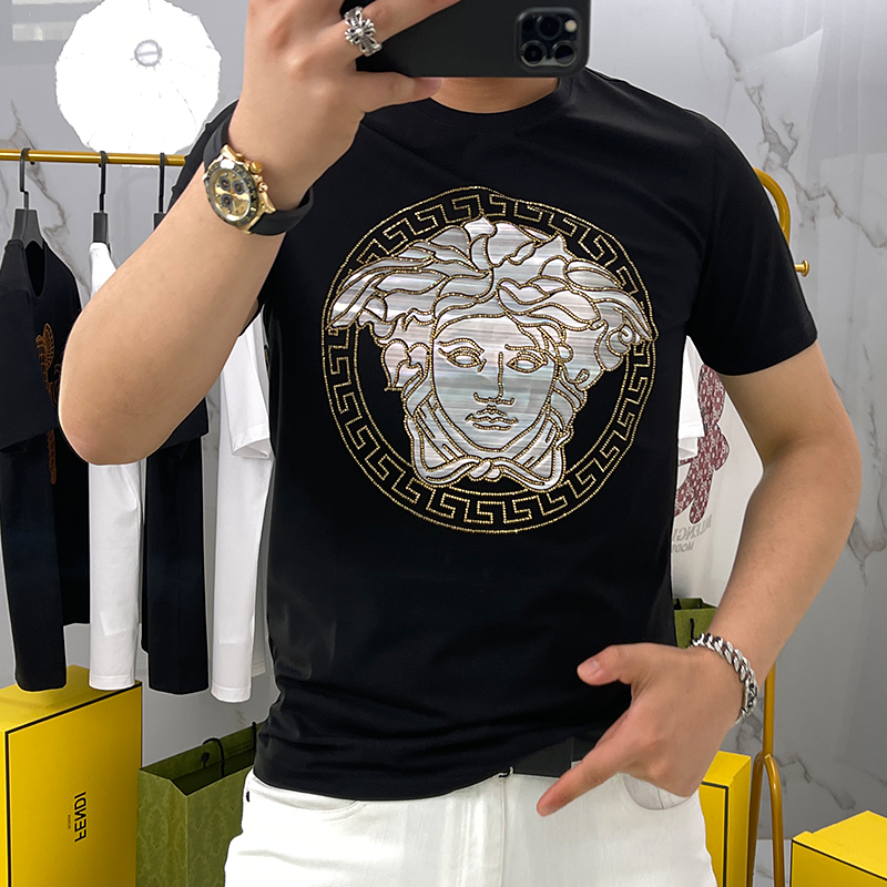 美杜莎男士T恤欧洲站潮牌短袖瓦萨琪夏季高端白色重磅烫钻体恤