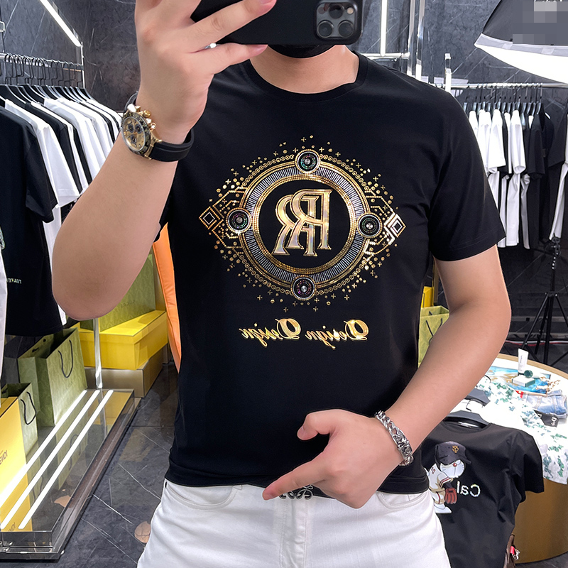 欧洲站T恤男短袖高端大牌劳斯莱斯双R烫钻薄款丝光棉宽松半袖体恤