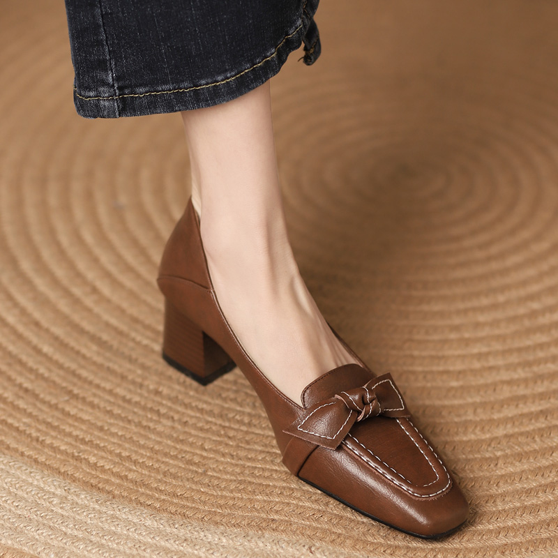 真皮浅口单鞋女2022春秋新款一脚蹬蝴蝶结粗跟方头高跟鞋软皮女鞋