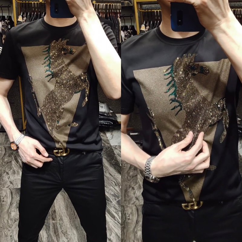 夏季新款潮流时尚韩版ins男士烫钻工艺小马刺绣男士短袖ABC033-1