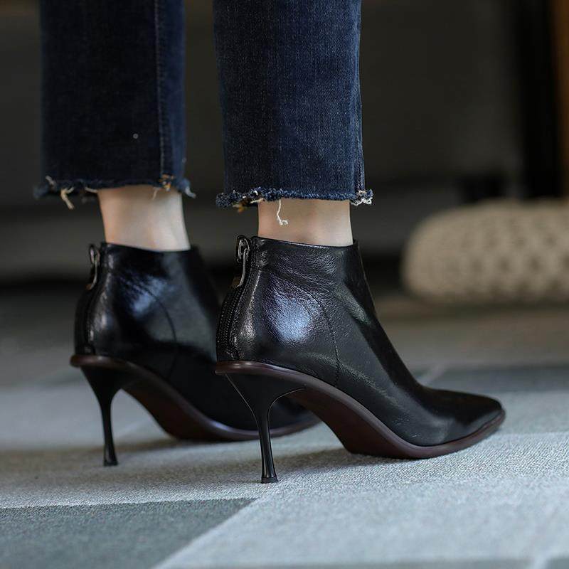 短靴女细跟2022新黑裸款真皮1单靴尖头鞋靴及踝性感气质色高跟秋