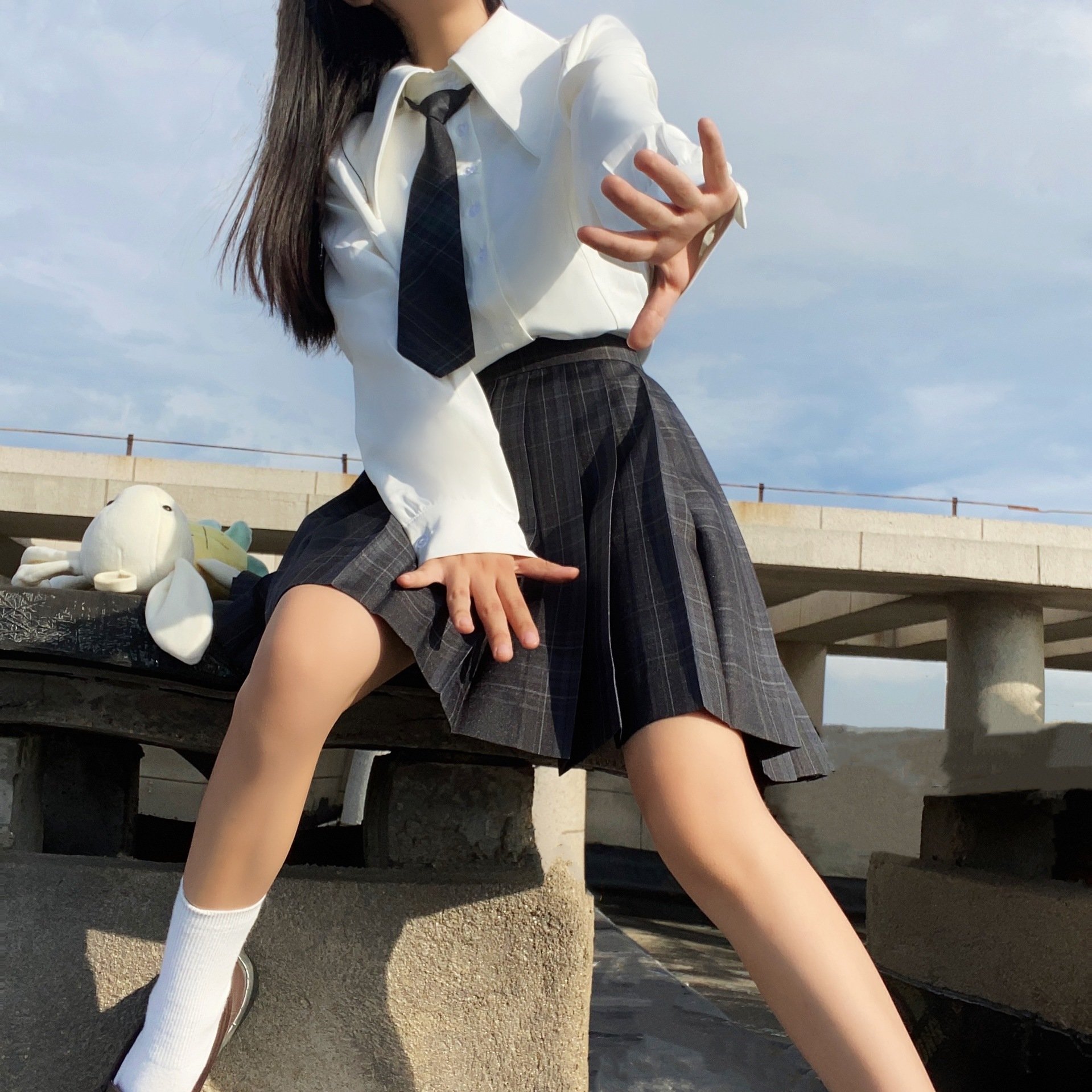 jk武皇实拍碳灰日制服基础格裙格中长甜美学生时尚套装